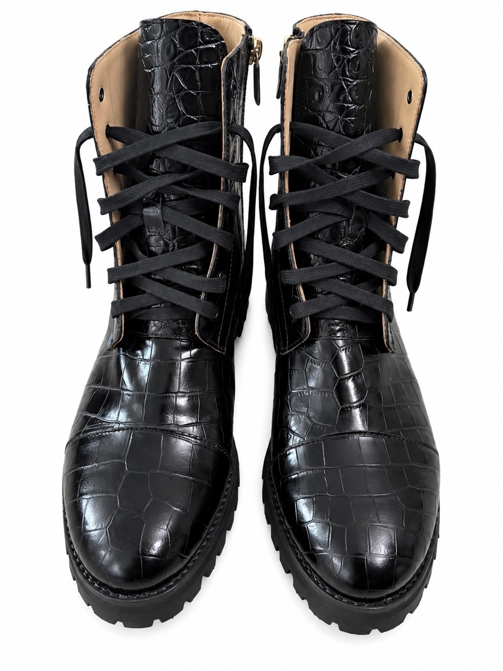 Eledera Made in Italy Black Croc-Embossed Combat Boots – Size 39